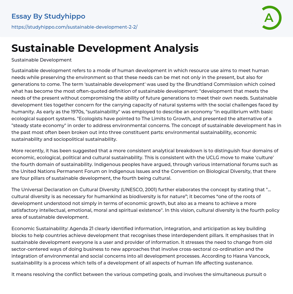 Sustainable Development Analysis Essay Example