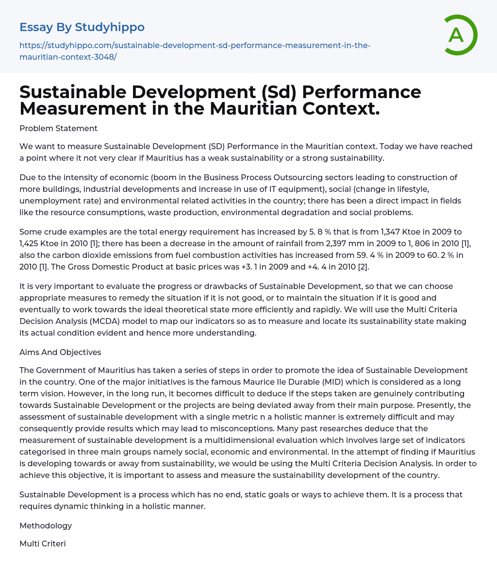 Sustainable Development (Sd) Performance Measurement in the Mauritian Context. Essay Example