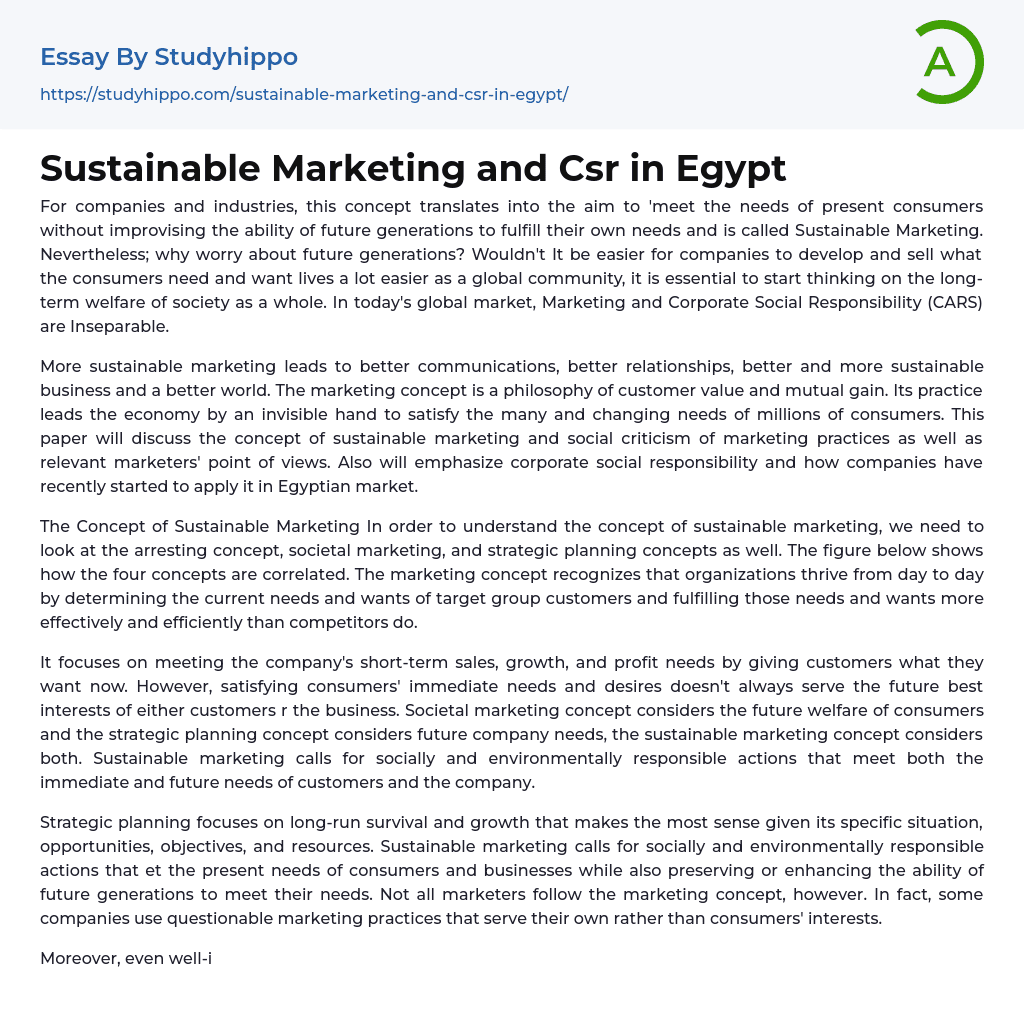 Sustainable Marketing and Csr in Egypt Essay Example