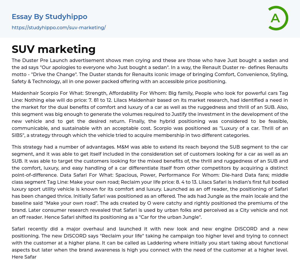 SUV marketing Essay Example