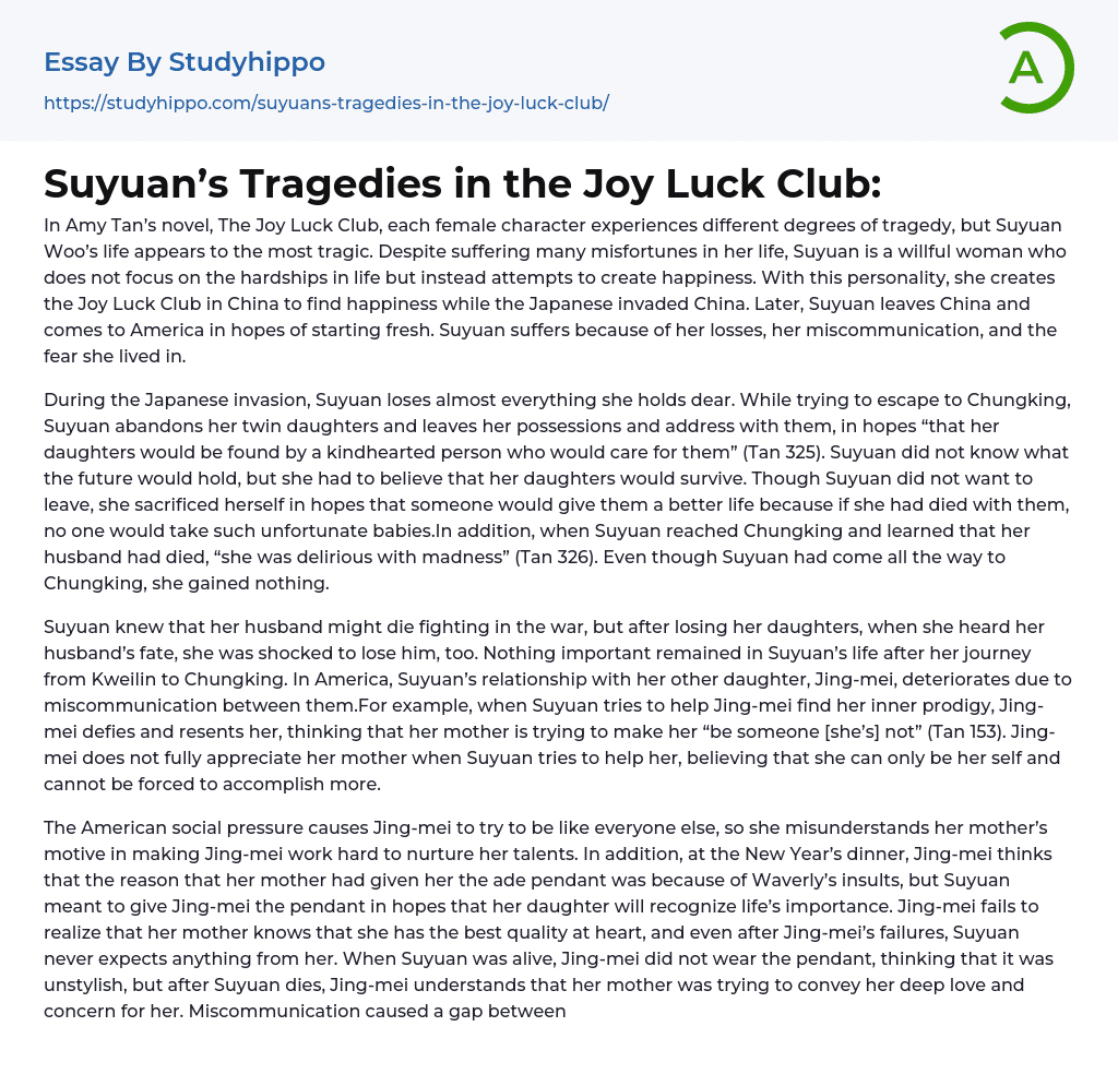 Suyuan’s Tragedies in the Joy Luck Club: Essay Example