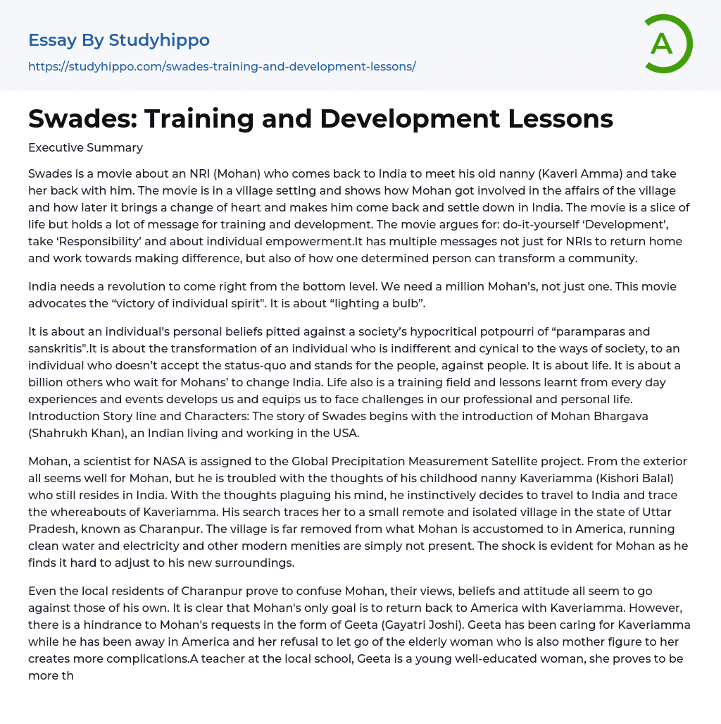 Swades: Training and Development Lessons Essay Example
