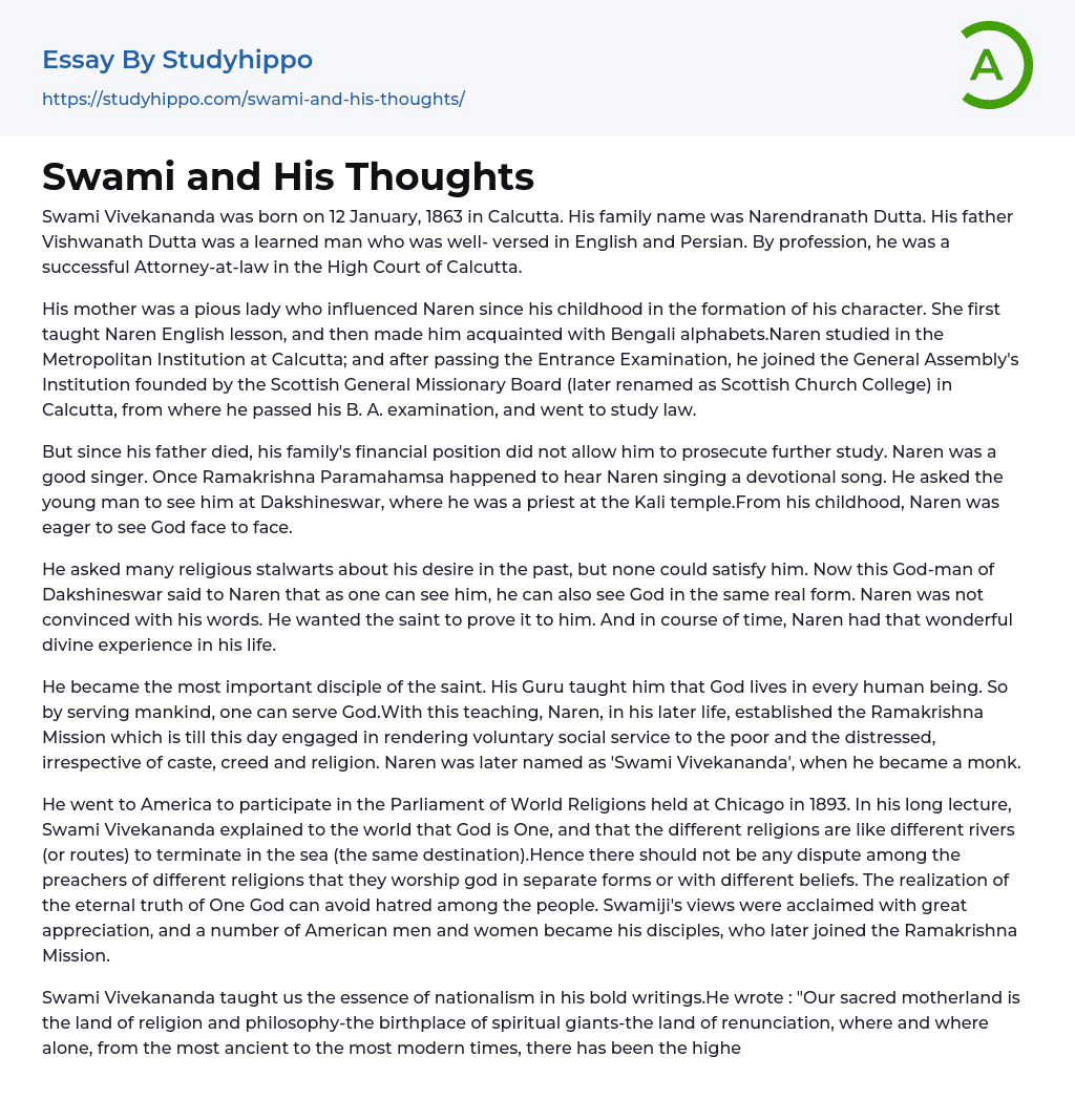 Swami and His Thoughts Essay Example