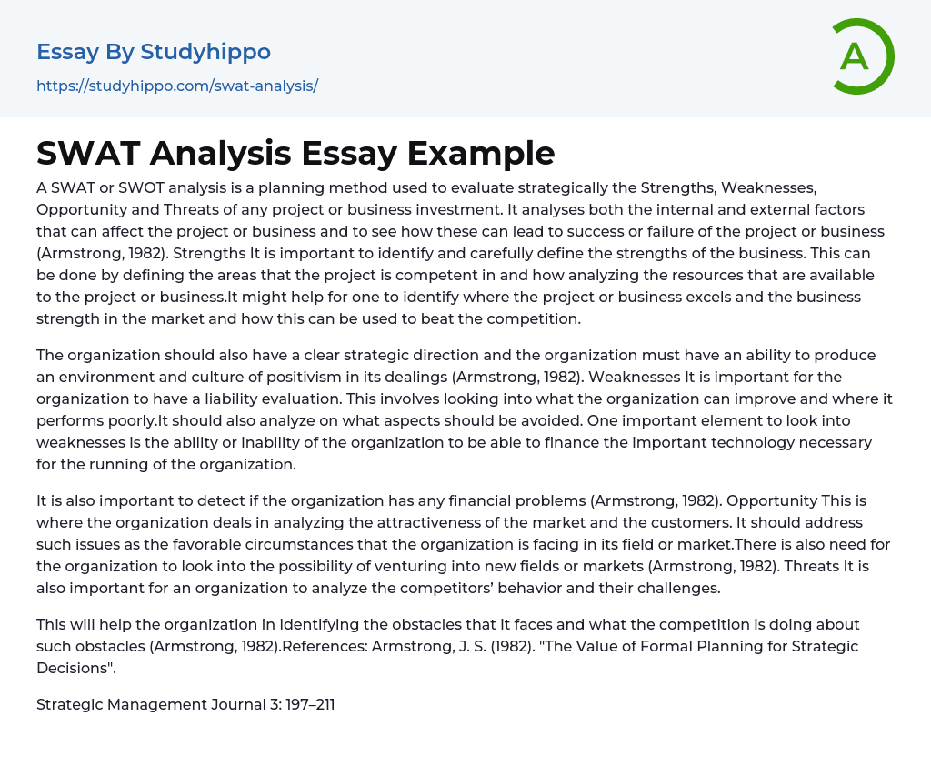 SWAT Analysis Essay Example