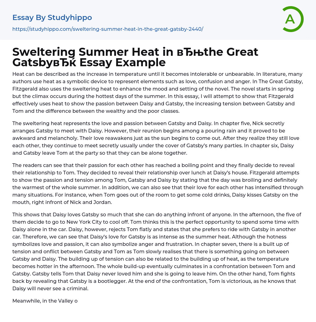 Sweltering Summer Heat in “the Great Gatsby” Essay Example