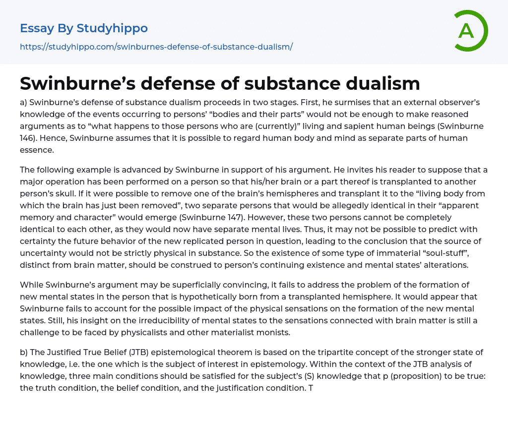 Swinburne’s defense of substance dualism Essay Example