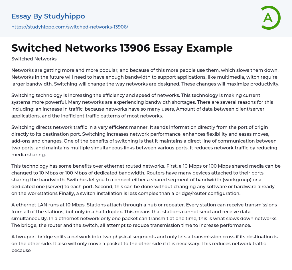 Switched Networks 13906 Essay Example