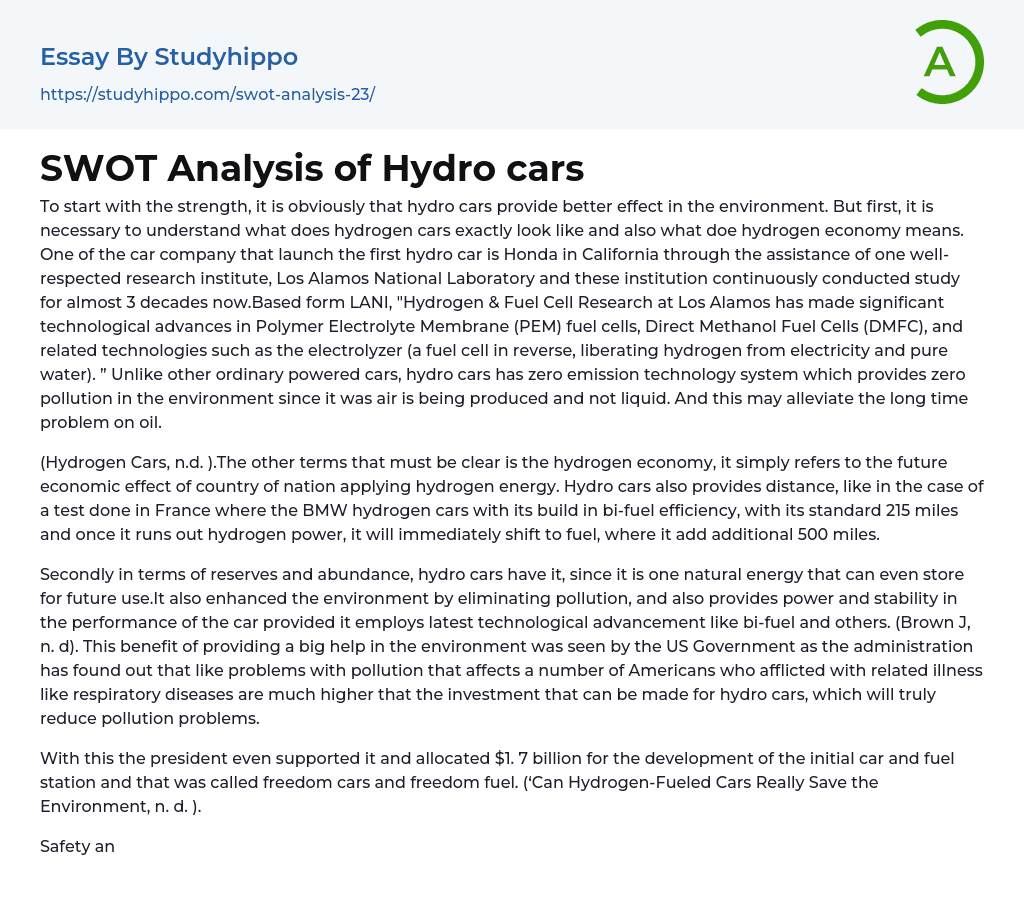 SWOT Analysis of Hydro cars Essay Example