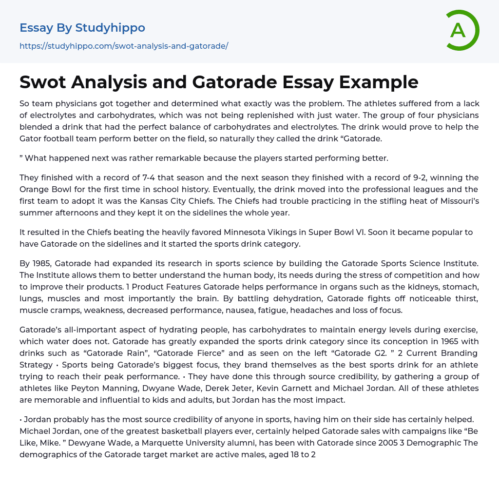 Swot Analysis and Gatorade Essay Example