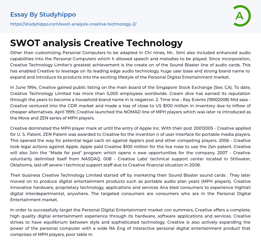 SWOT analysis Creative Technology Essay Example