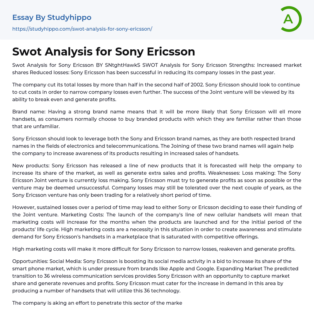 Swot Analysis for Sony Ericsson Essay Example