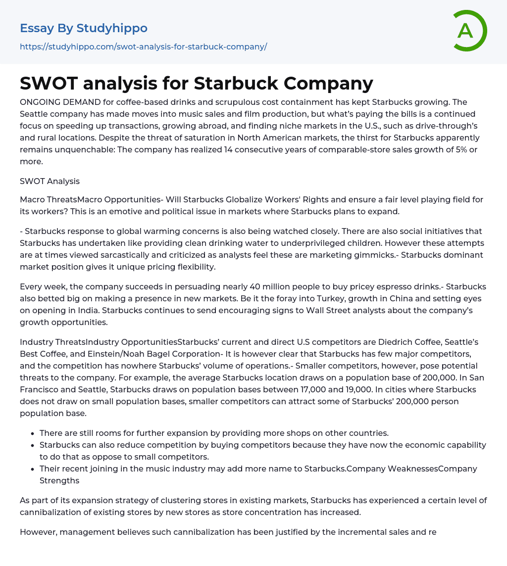 SWOT analysis for Starbuck Company Essay Example