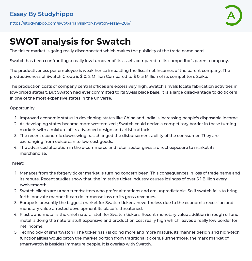 SWOT analysis for Swatch Essay Example