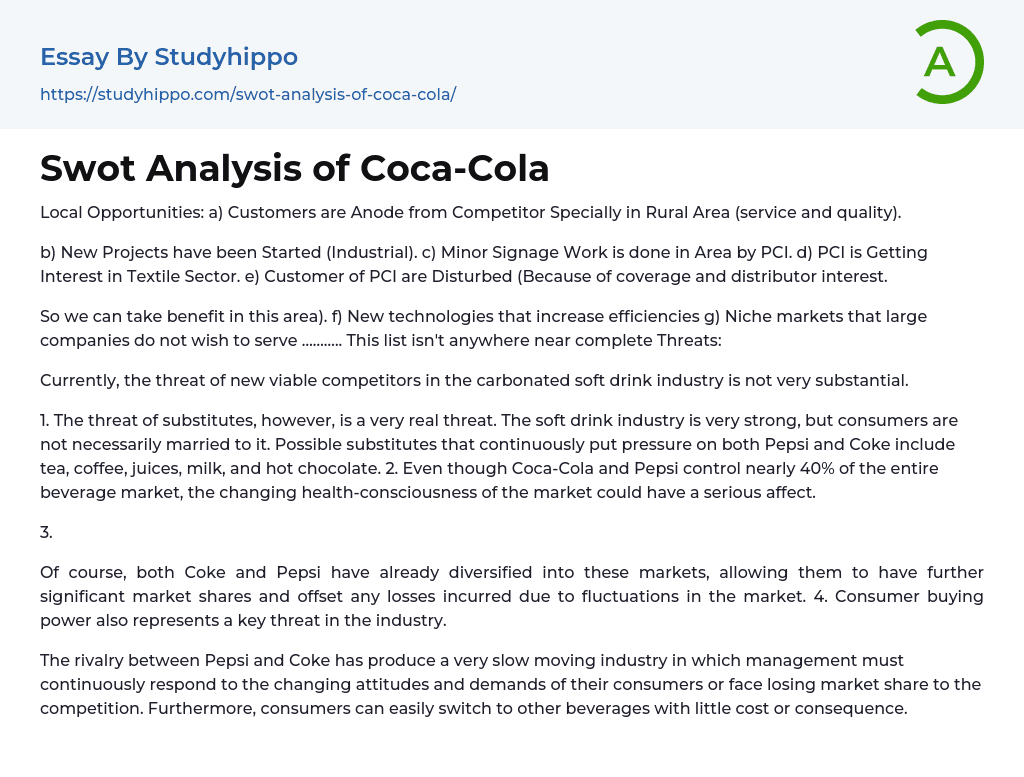 Swot Analysis of Coca-Cola Essay Example