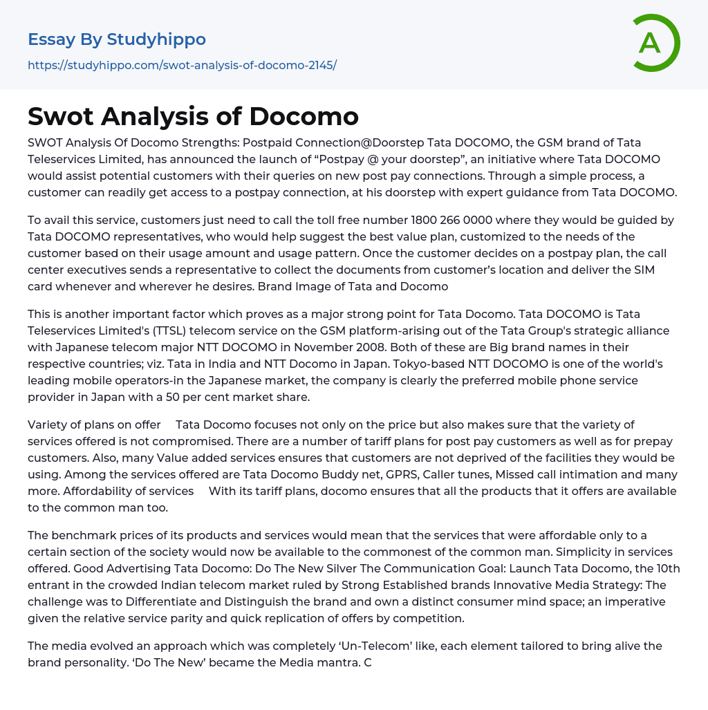 Swot Analysis of Docomo Essay Example