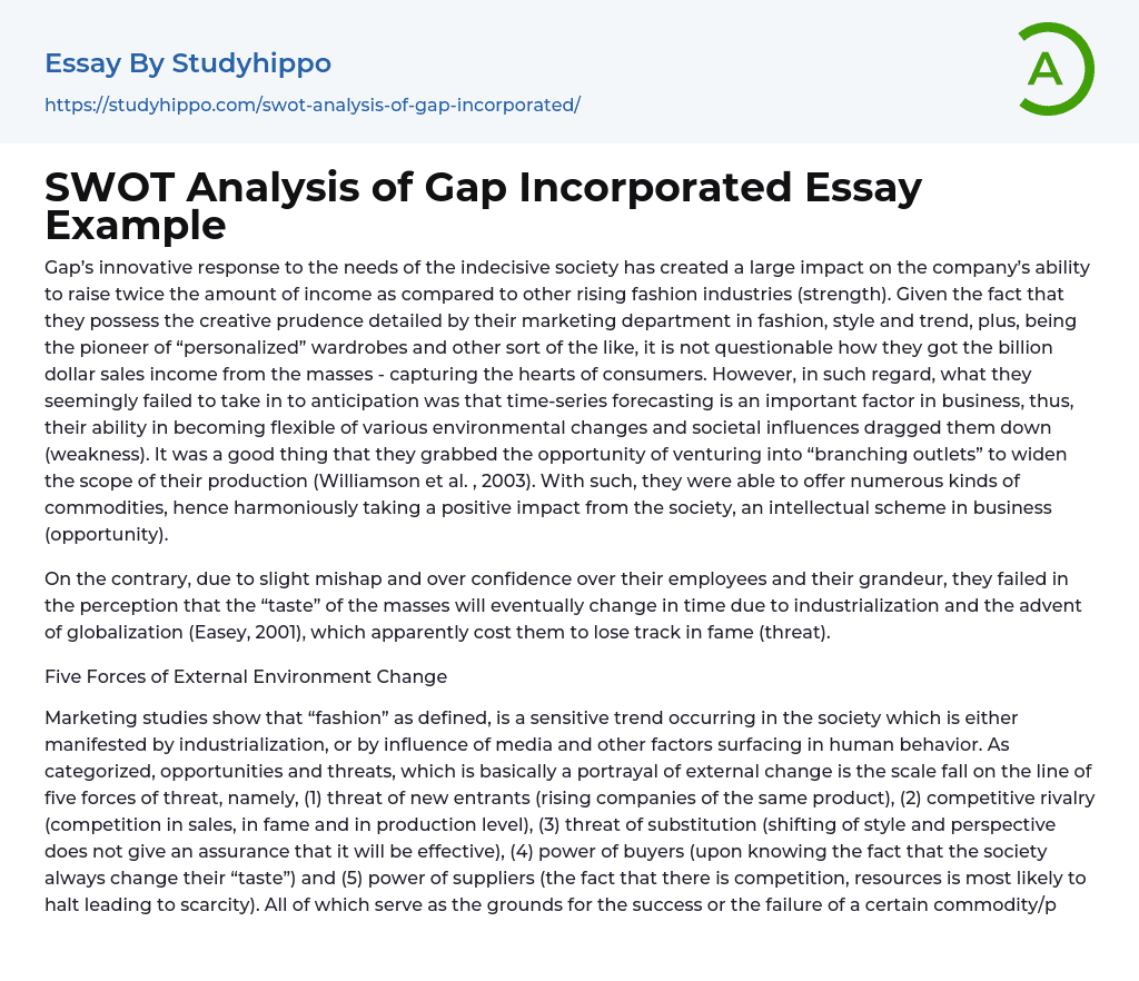SWOT Analysis of Gap Incorporated Essay Example