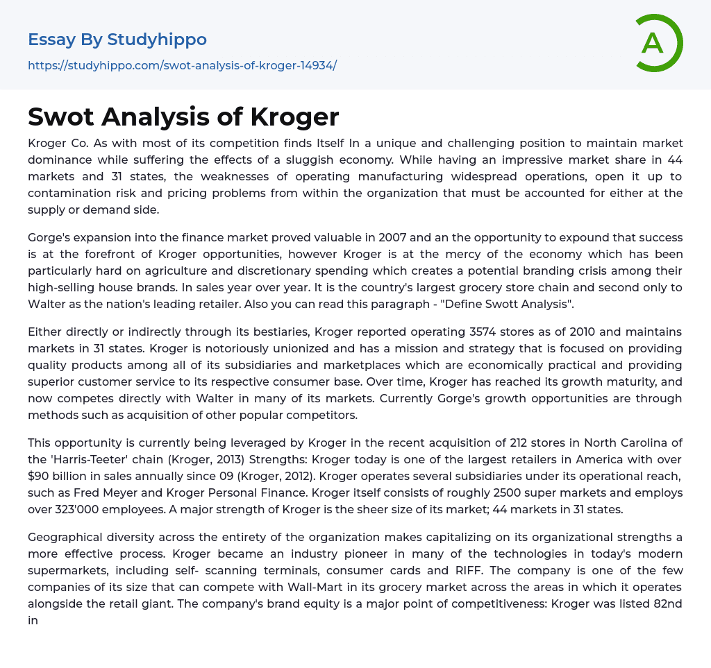 Swot Analysis of Kroger Essay Example