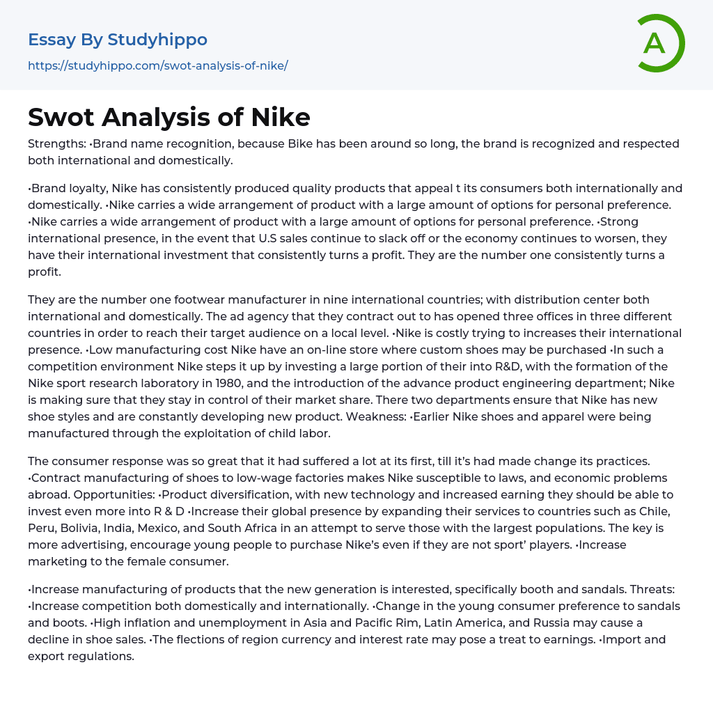 Swot Analysis of Nike Essay Example