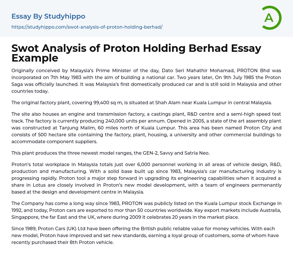 Swot Analysis of Proton Holding Berhad Essay Example