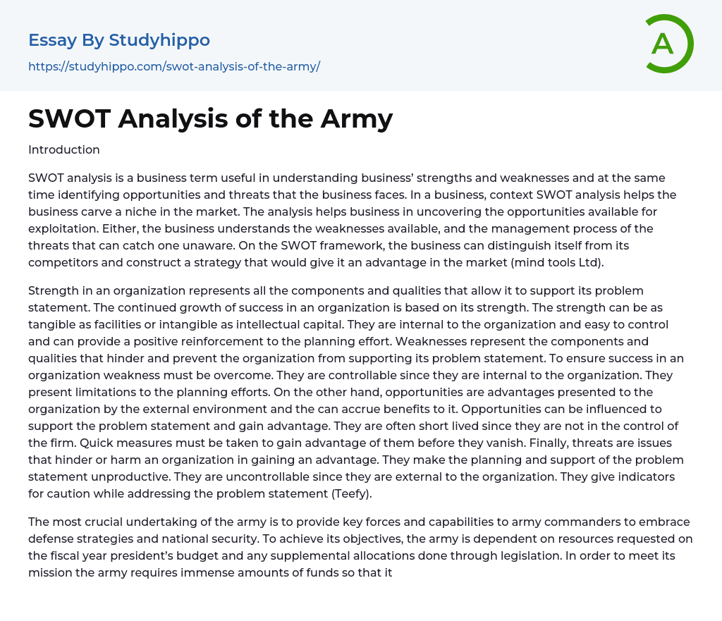 SWOT Analysis of the Army Essay Example