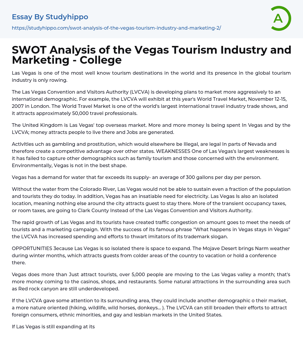 SWOT Analysis of the Vegas Tourism Industry and Marketing – College Essay Example