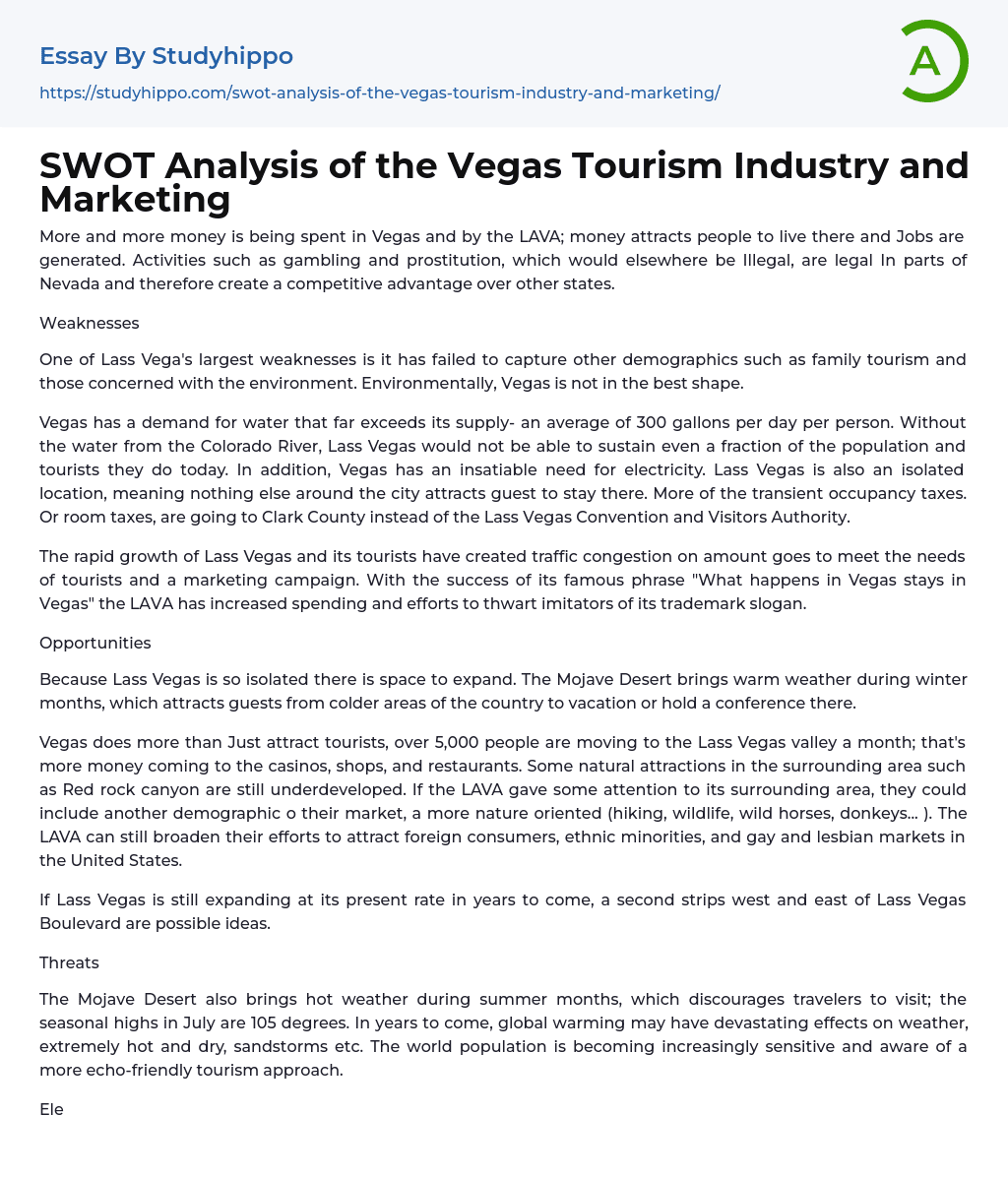 SWOT Analysis of the Vegas Tourism Industry and Marketing Essay Example