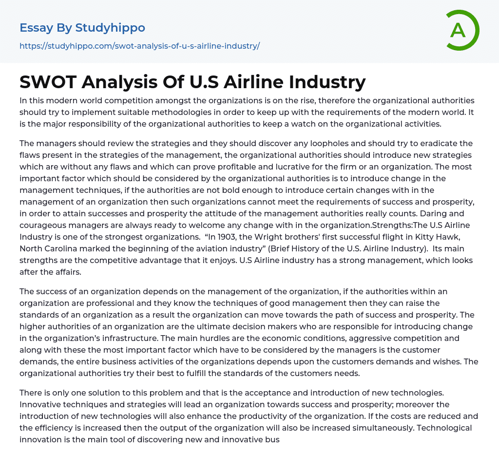 SWOT Analysis Of U.S Airline Industry Essay Example
