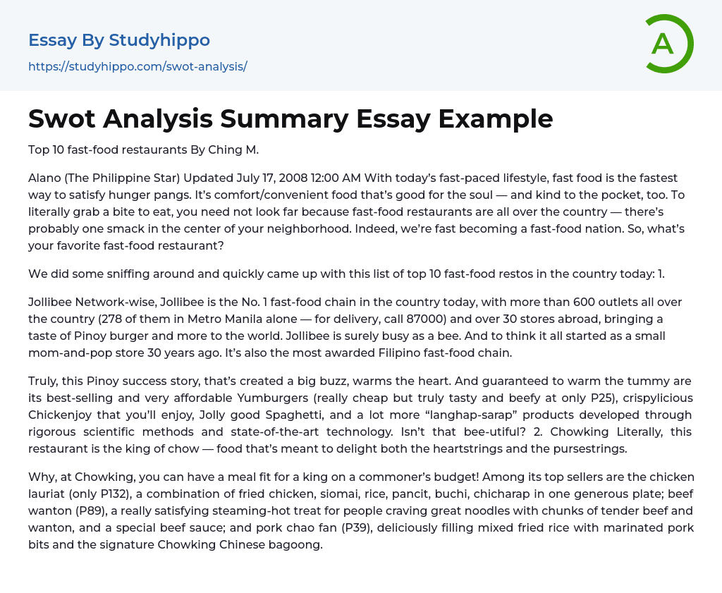 Swot Analysis Summary Essay Example