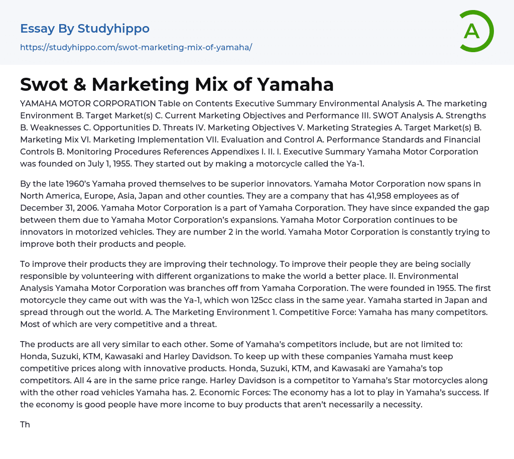 Swot & Marketing Mix of Yamaha Essay Example