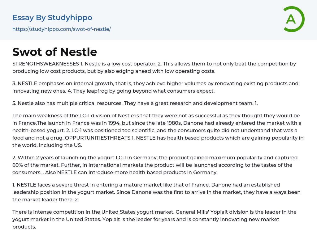 SWOT Analysis of Nestle: Strategic Management Insight Essay Example