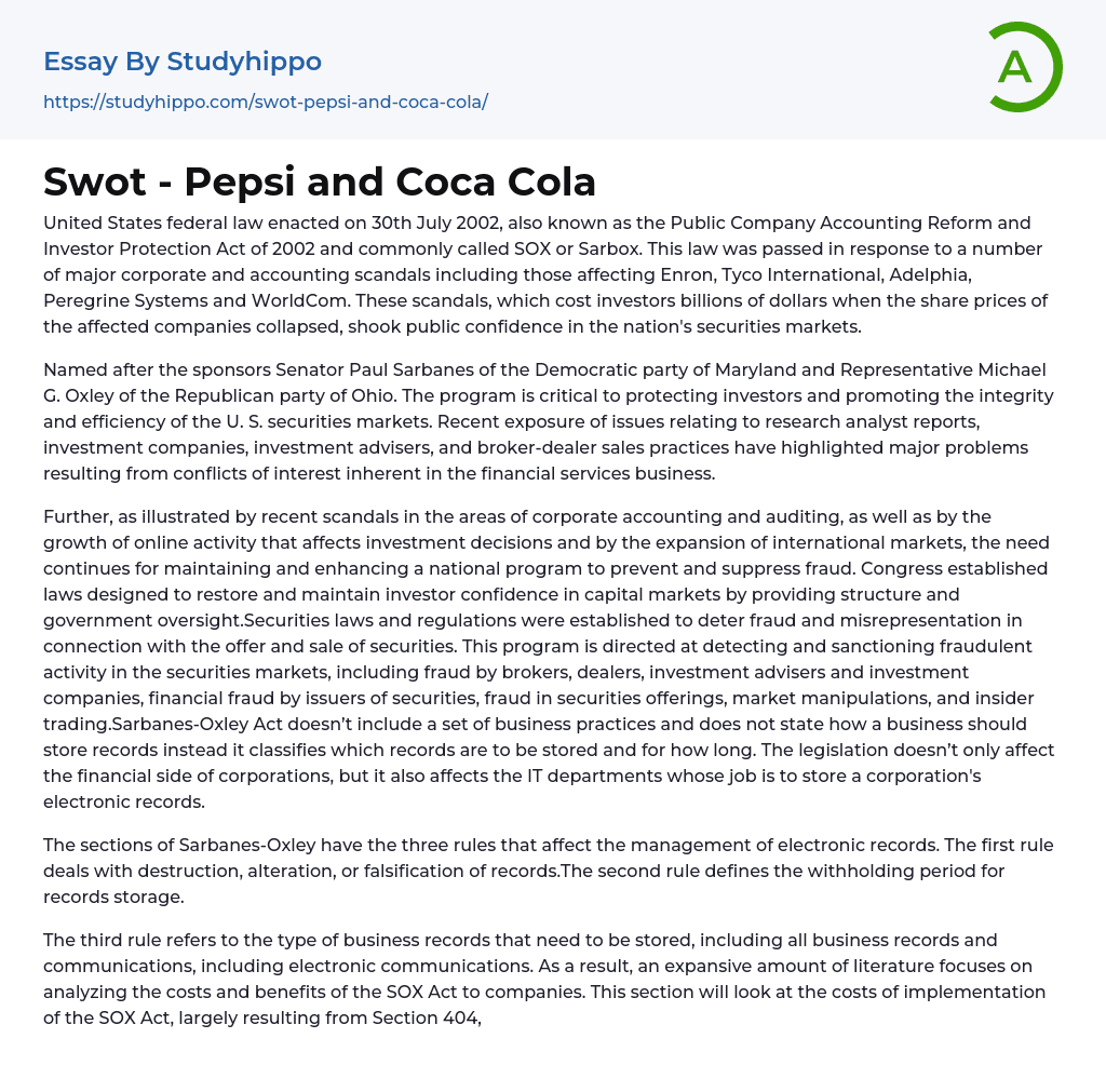 Swot – Pepsi and Coca Cola Essay Example