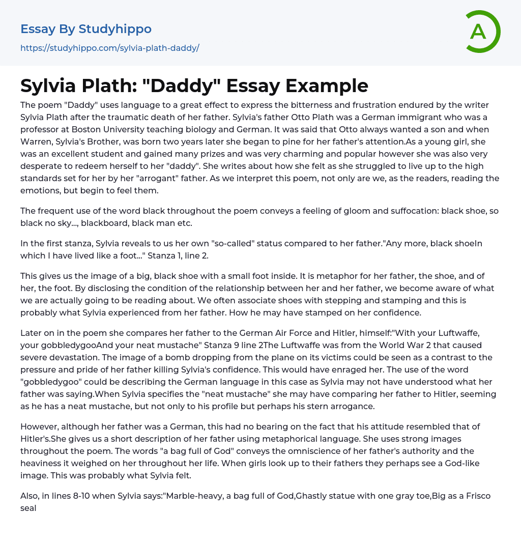 Sylvia Plath: “Daddy” Essay Example