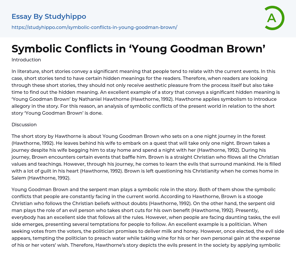 Symbolic Conflicts in ‘Young Goodman Brown’ Essay Example
