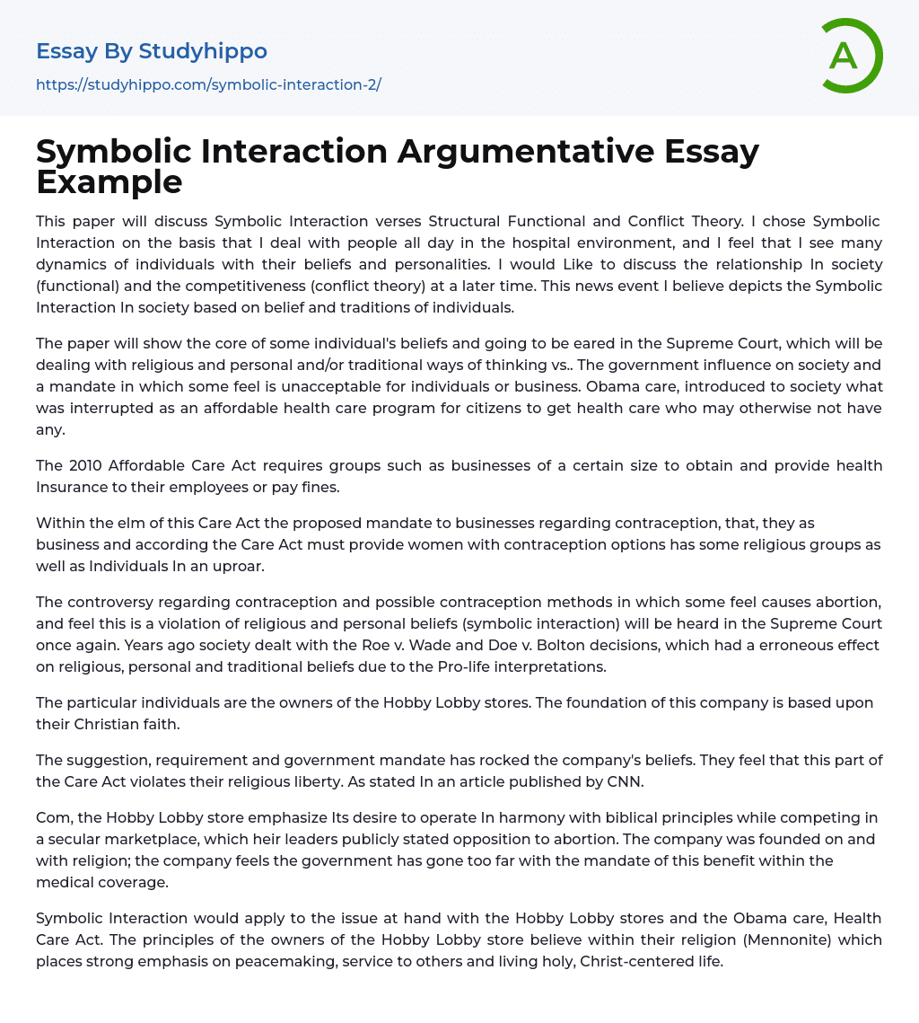 Symbolic Interaction Argumentative Essay Example