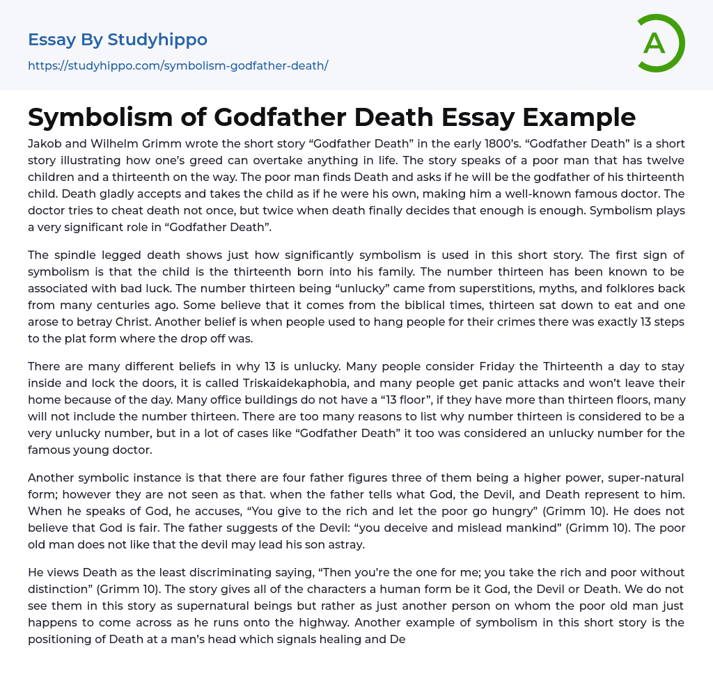 Symbolism of Godfather Death Essay Example