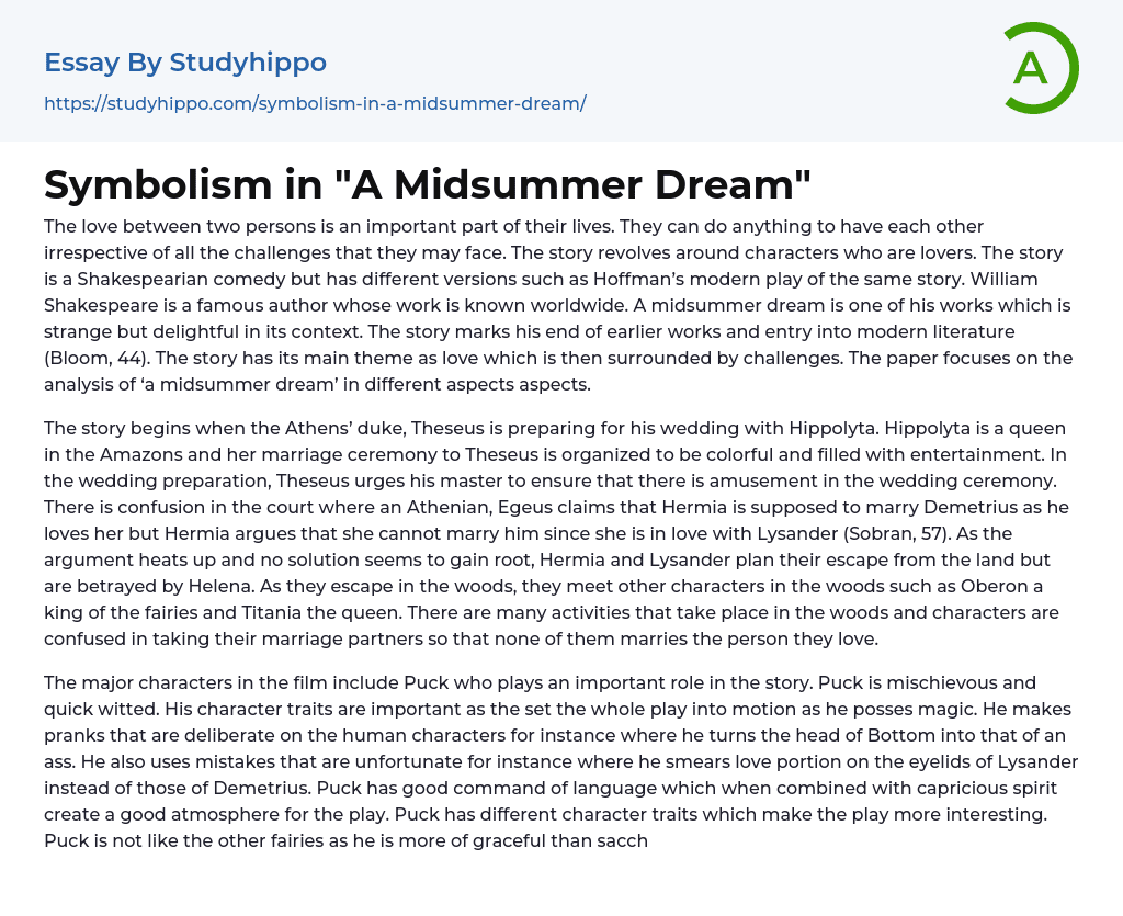 Symbolism in “A Midsummer Dream” Essay Example