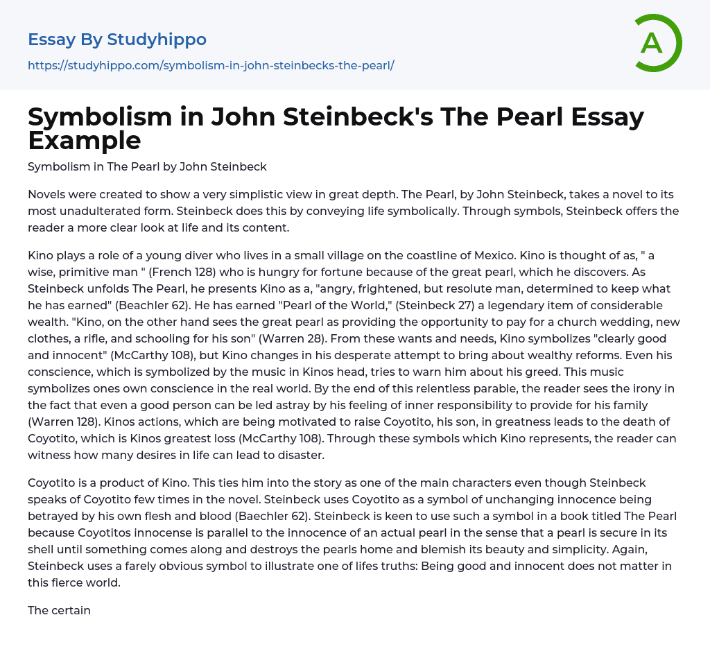 Symbolism in John Steinbeck’s The Pearl Essay Example