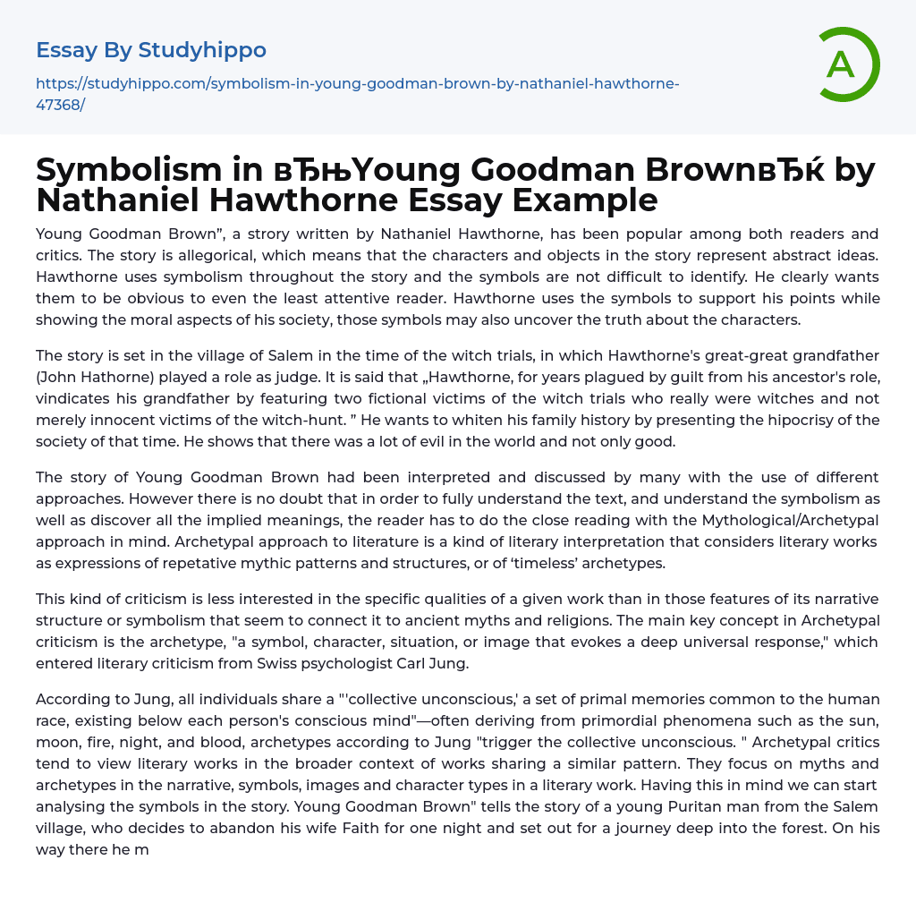 Symbolism in “Young Goodman Brown” by Nathaniel Hawthorne Essay Example