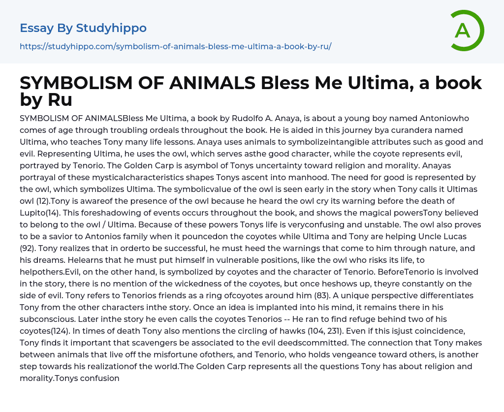 Symbolism of Animals “Bless Me Ultima” Essay Example
