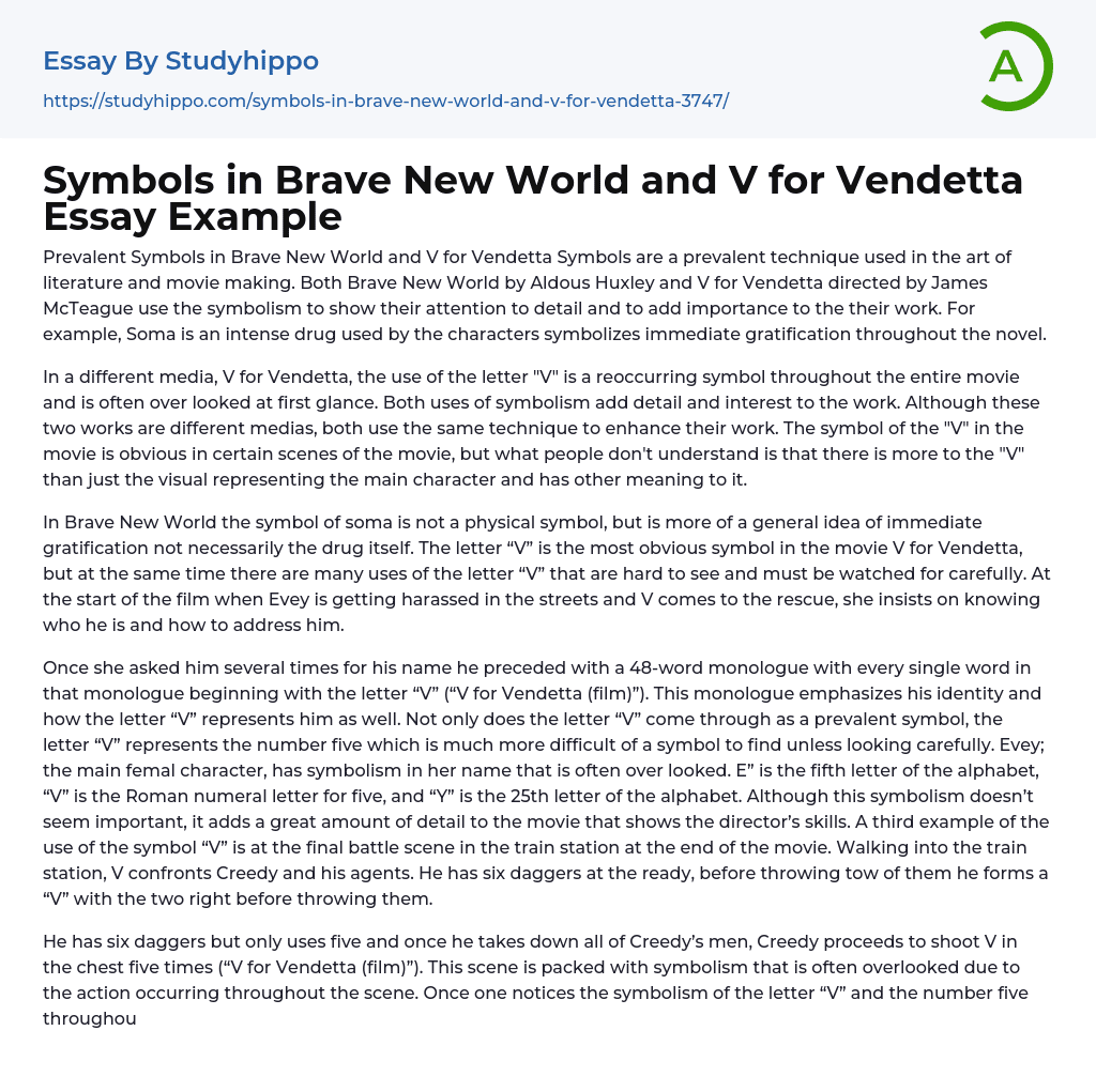 Symbols in Brave New World and V for Vendetta Essay Example