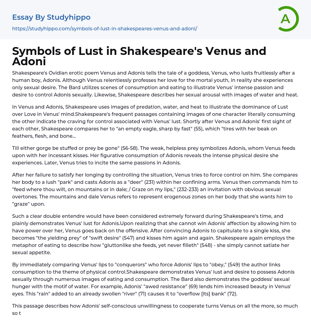 Symbols of Lust in Shakespeare’s Venus and Adoni Essay Example