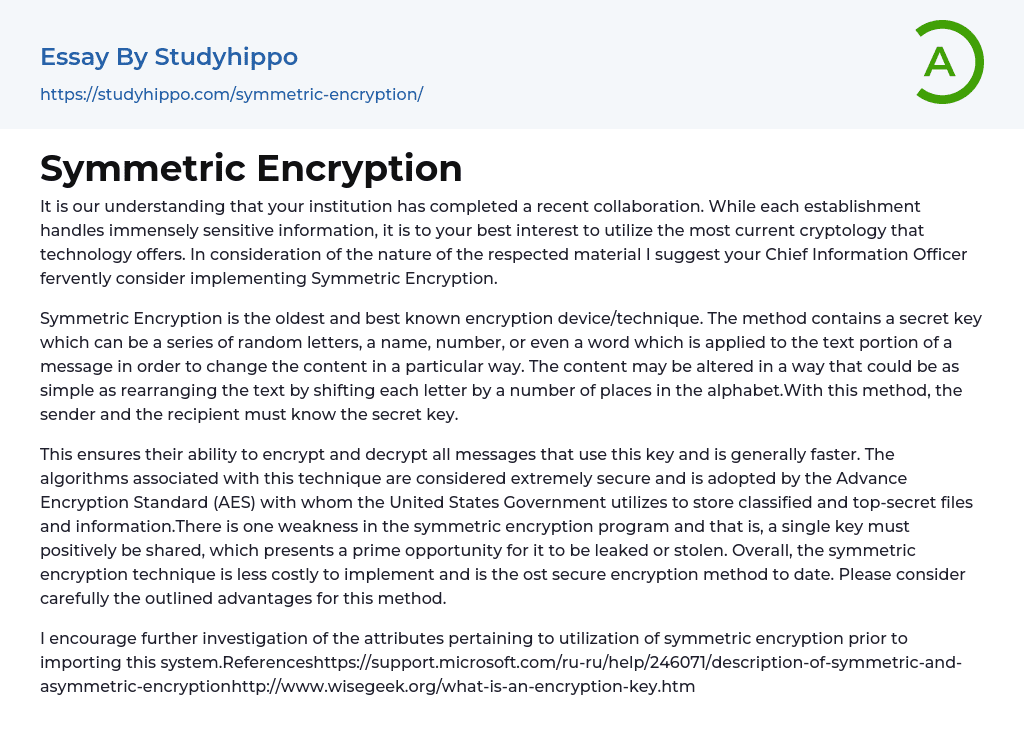 Symmetric Encryption Essay Example