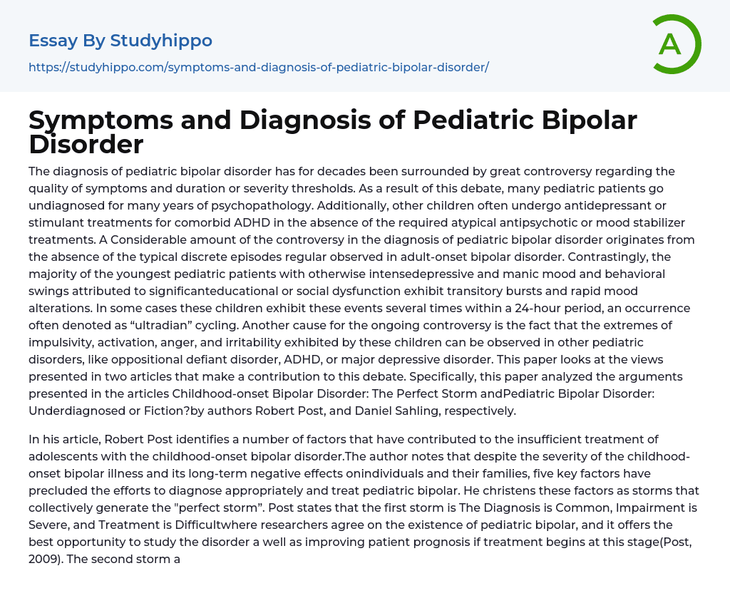 Symptoms and Diagnosis of Pediatric Bipolar Disorder Essay Example