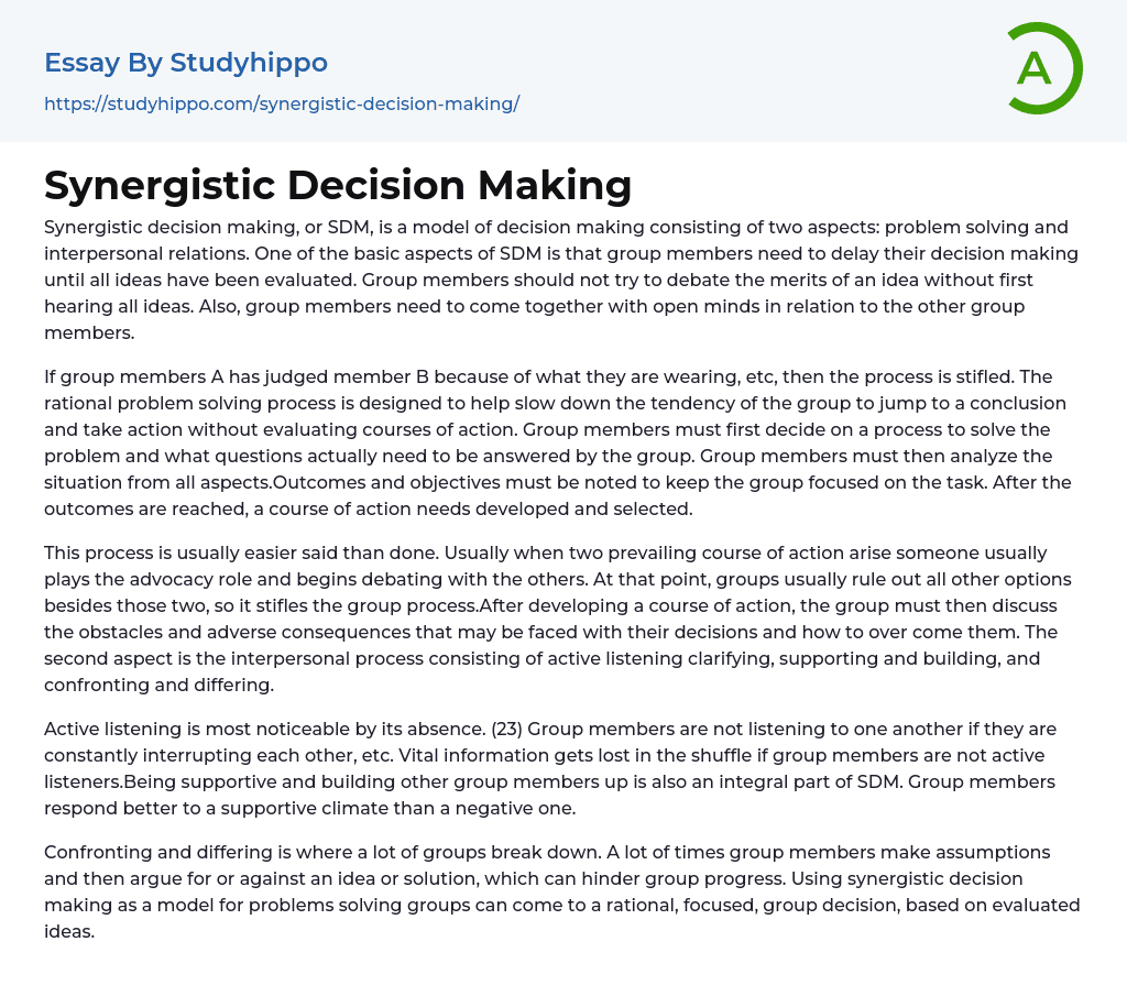 Synergistic Decision Making Essay Example