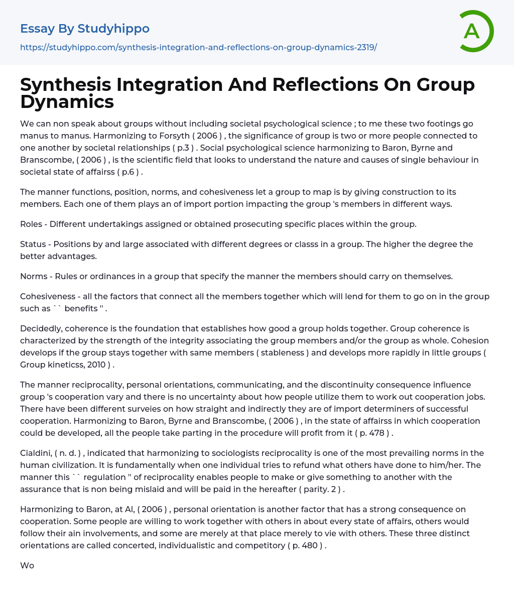Synthesis Integration And Reflections On Group Dynamics Essay Example