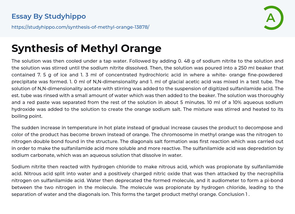 Synthesis of Methyl Orange Essay Example