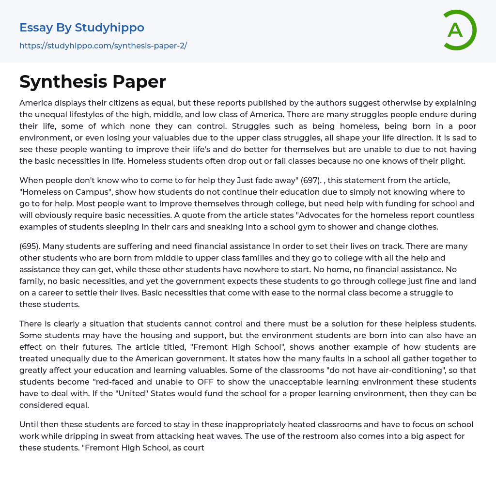 Synthesis Paper Essay Example