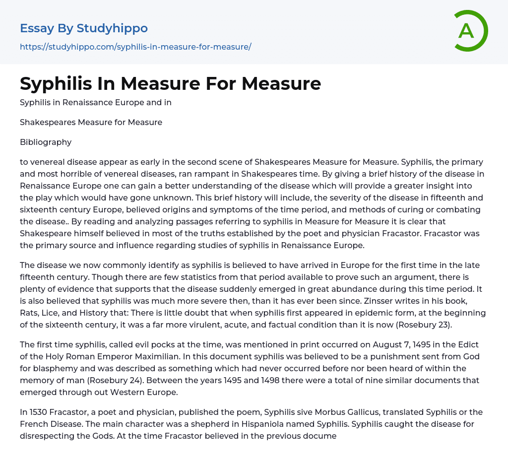 Syphilis In Measure For Measure in Shakespeares Measure for Measure Essay Example