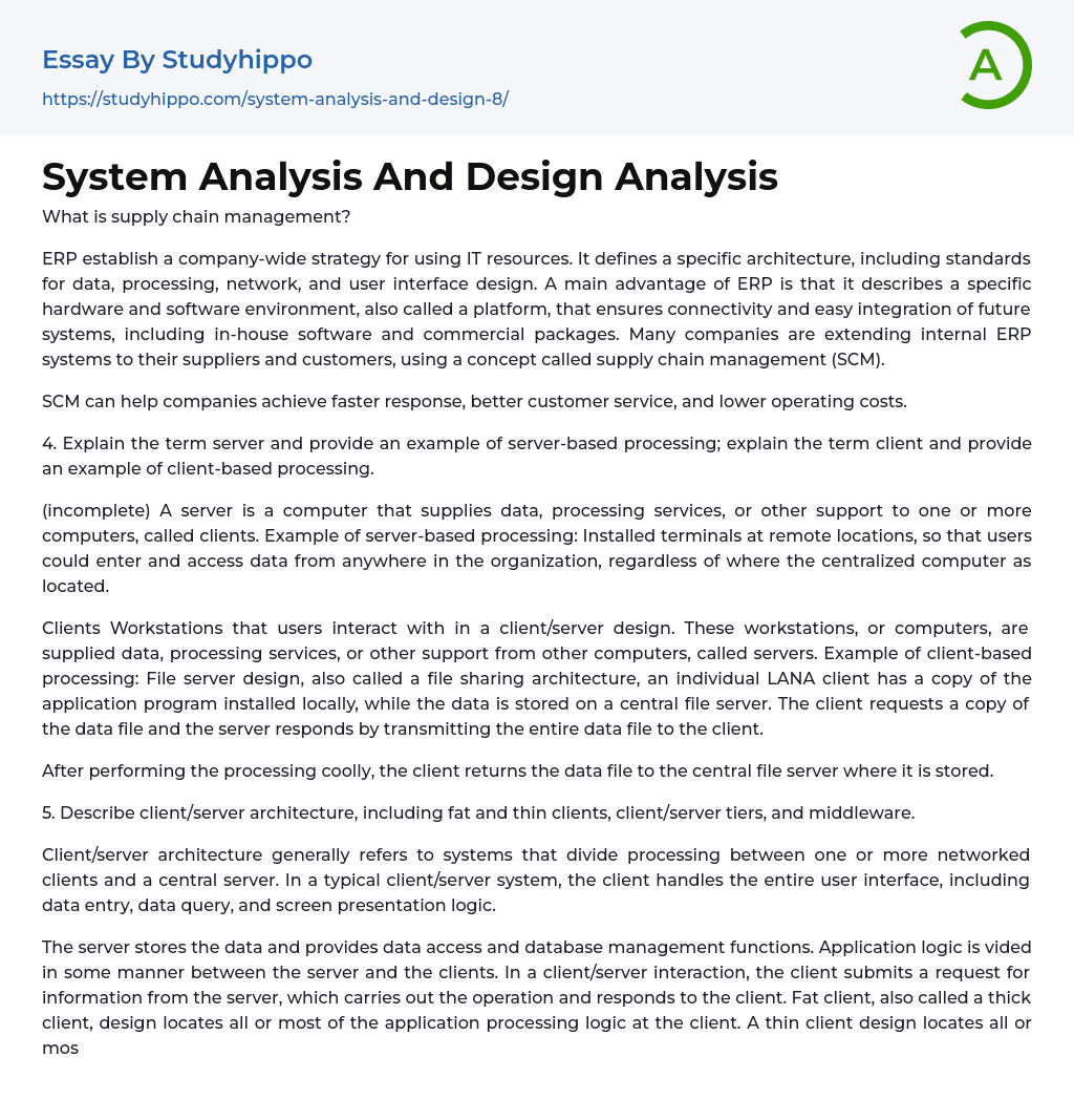 System Analysis And Design Analysis Essay Example