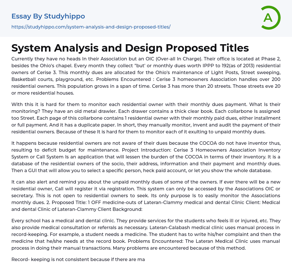 System Analysis and Design Proposed Titles Essay Example